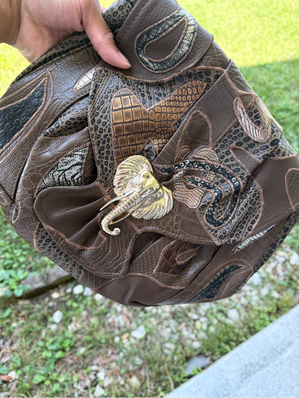 Brown Patchwork Leather Clutch with Elephant Accent